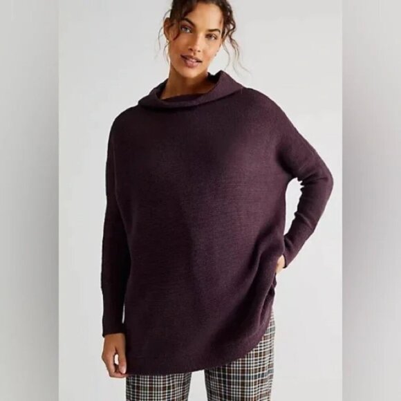 Free People Ottoman Slouchy Tunic Sweater Dress Black Purple Raisin Size Large - Picture 1 of 12